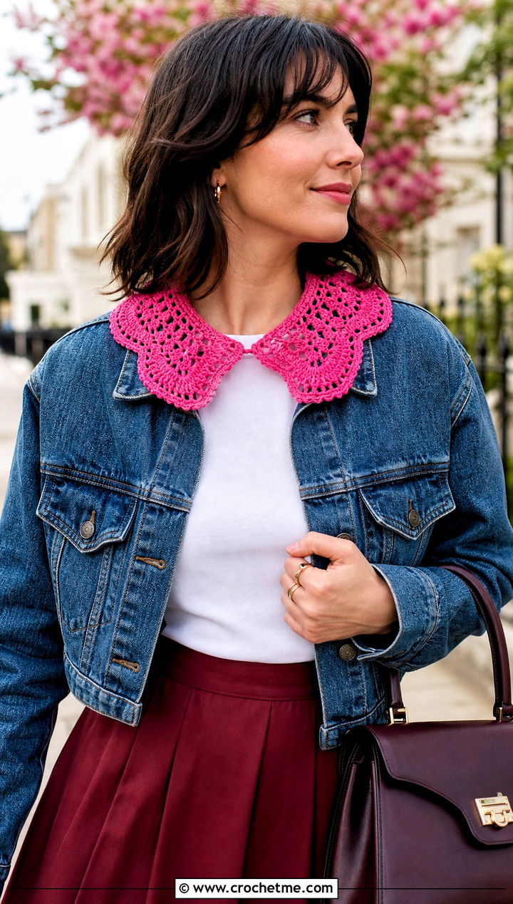 Crochet Collar With Denim Jacket And Midi Skirt - 25 Small Crochet Projects Clothes and outfit ideas