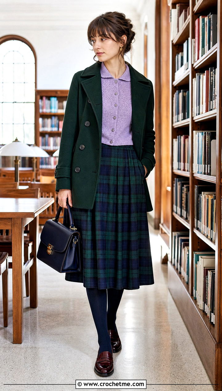 Crochet Collared Cardigan With Plaid Skirt - 30 crochet clothes for winter outfit ideas
