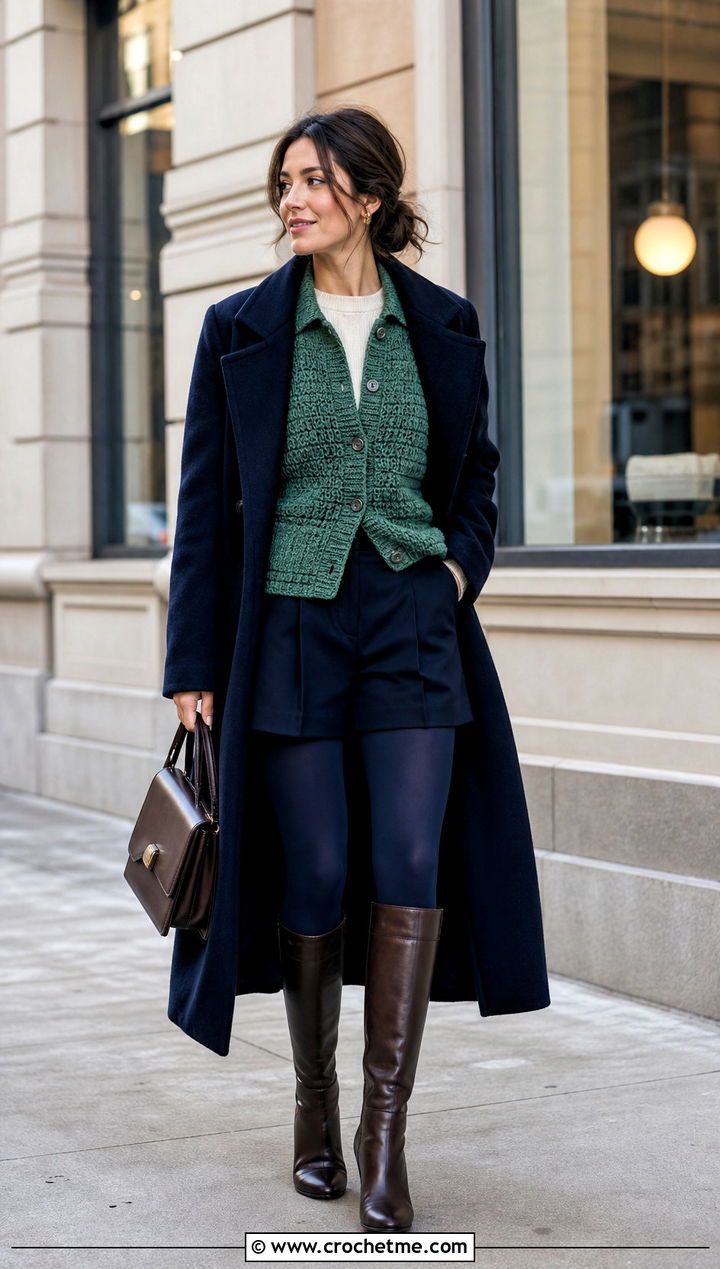 Crochet Collared Cardigan With Tailored Shorts - 35 Crochet Winter Outfits ideas