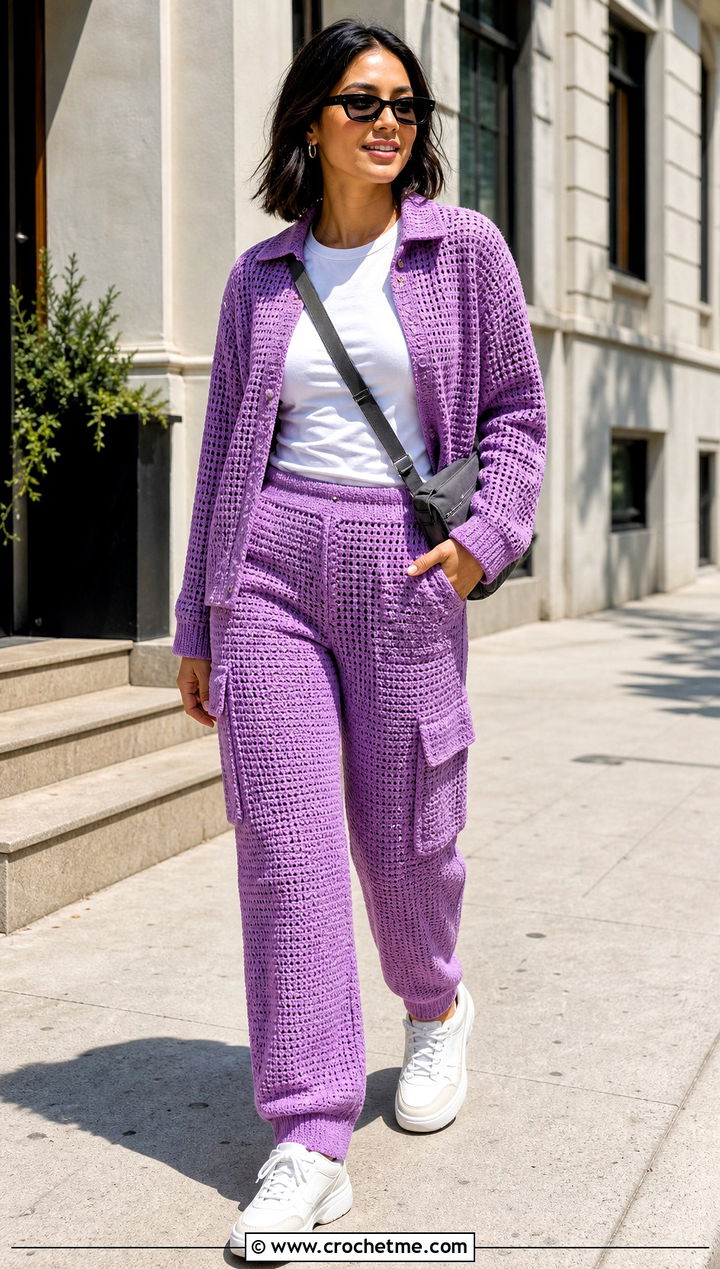 Crochet Collared Shirt And Cargo Pants Set - 30 crochet pants set outfit ideas