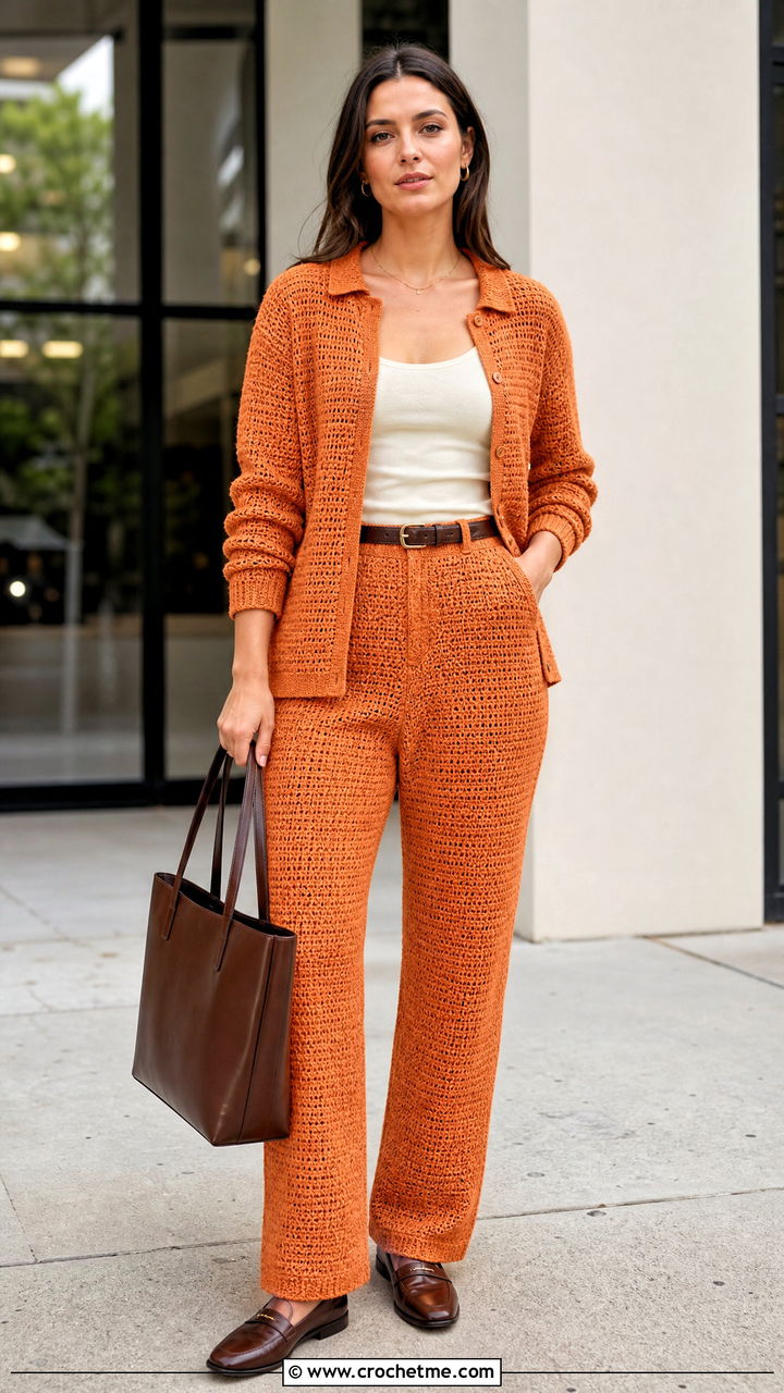 Crochet Collared Shirt And Trousers Set With Loafers - 35 crochet set outfit ideas