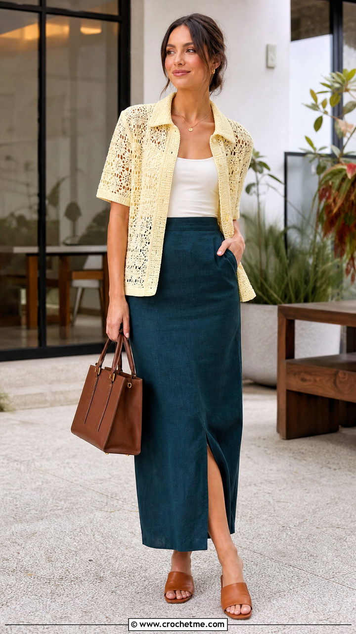 Crochet Collared Shirt With A Column Skirt - 35 crochet summer top outfit ideas
