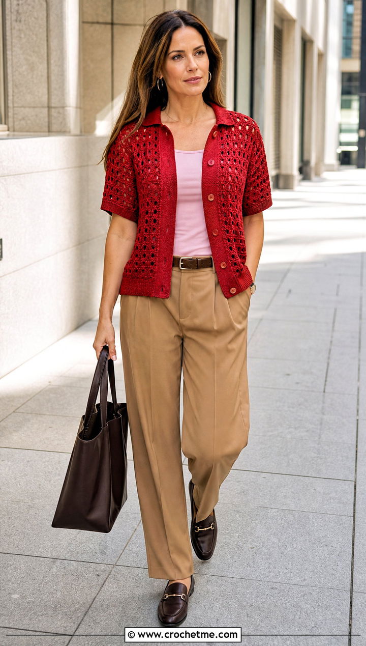 Crochet Collared Shirt With Relaxed Suit Pants - 30 crochet knitted top outfit ideas