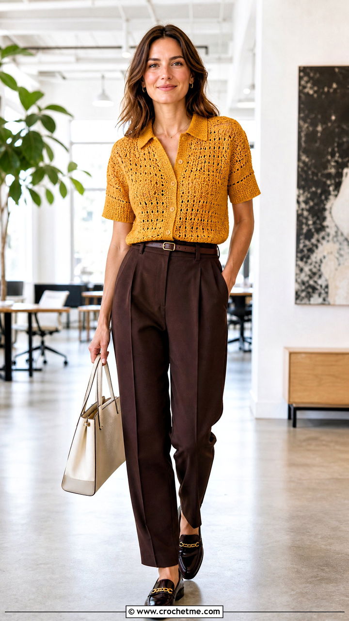 Crochet Collared Shirt With Tailored Pants - 35 crochet top designs outfit ideas