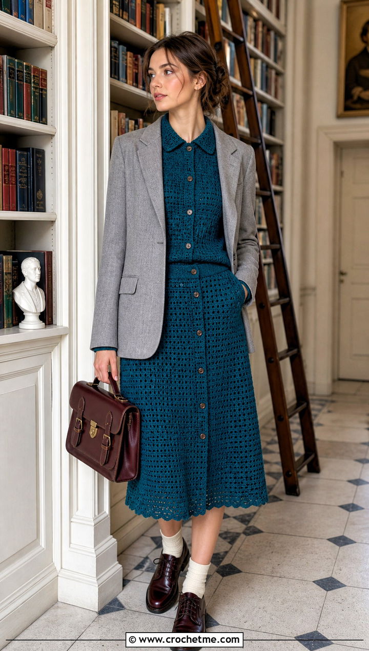 Crochet Collared Top And Button Front Skirt With Oxfords - 35 crochet skirt and top outfit ideas