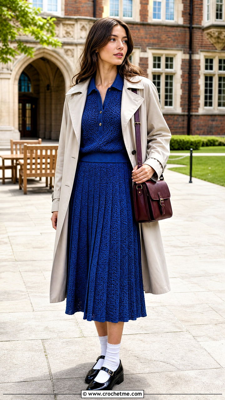 Crochet Collared Top And Pleated Skirt Set With Mary Janes - 35 crochet skirt set outfit ideas