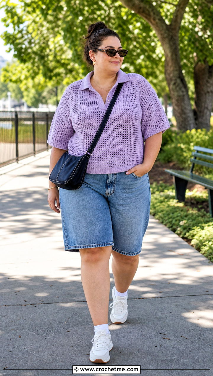 Crochet Collared Top With Denim Shorts - 35 plus size crochet top outfit ideas