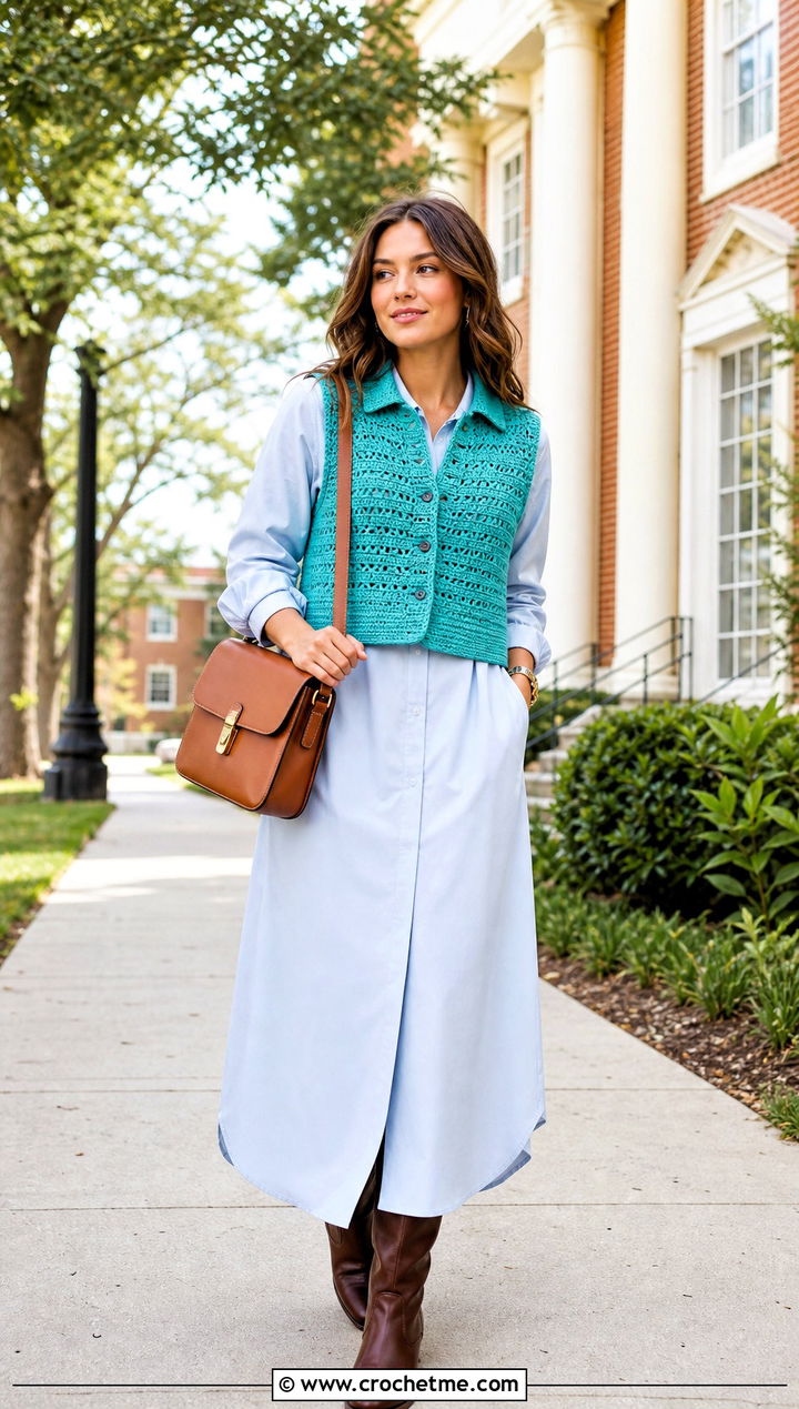 Crochet Collared Vest With Shirt Dress - 35 Modest Crochet Outfit Ideas