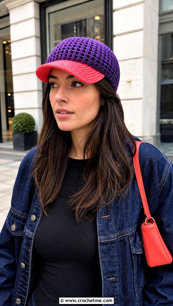 Crochet Color Block Billed Beanie With Denim Skirt - 20 Crochet Beanie With Brim outfit ideas