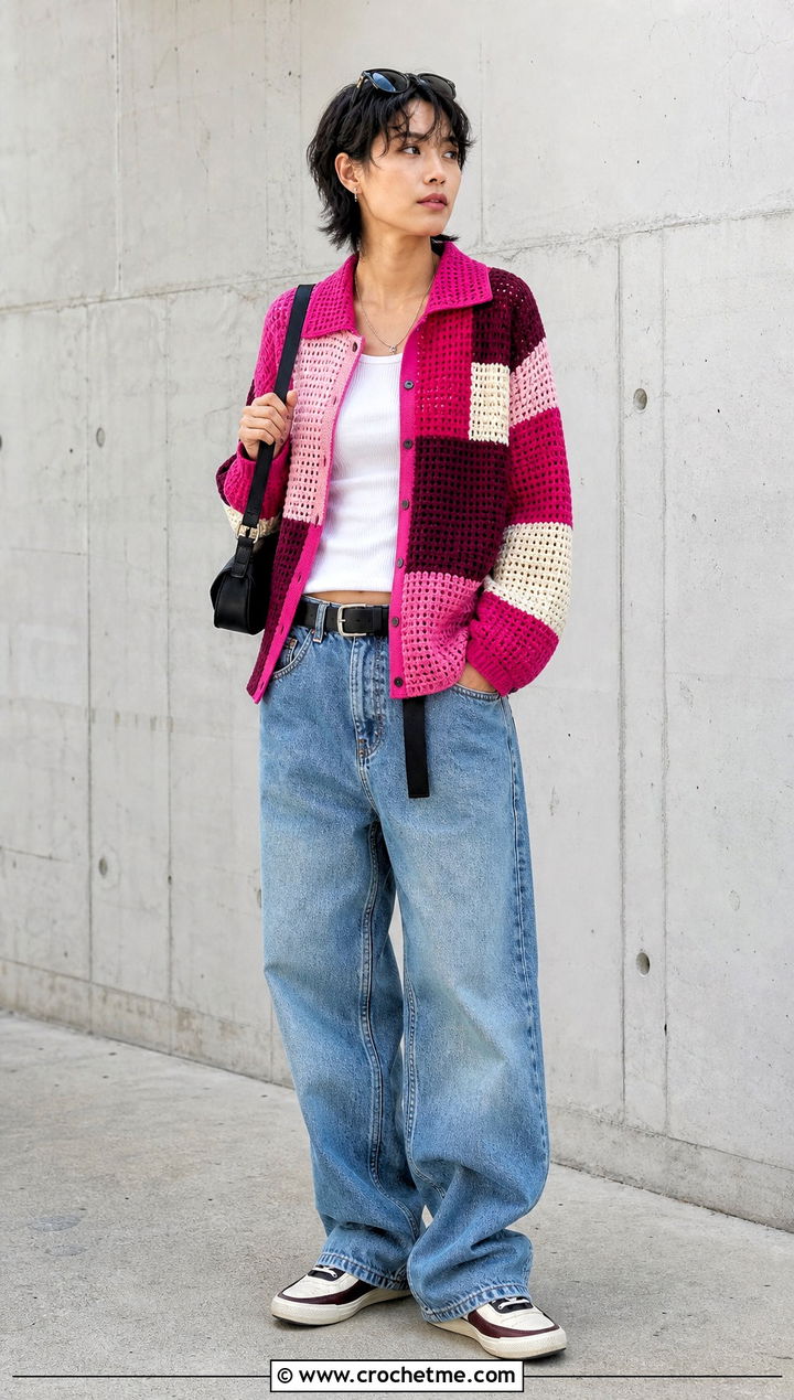Crochet Color Block Shirt With Skate Jeans - 30 Masc Crochet Clothes and outfit ideas