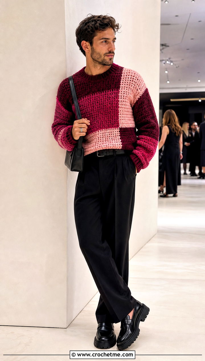 Crochet Color Block Sweater With Black Pleated Pants - 30 Easy Crochet Mens Sweater outfit ideas