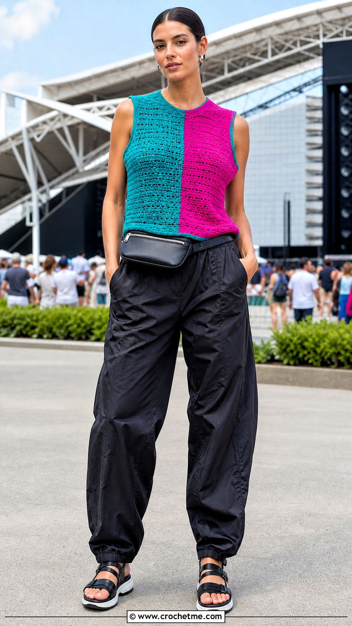 Crochet Color Block Top With Black Parachute Pants - 35 crochet summer tops for women outfit ideas