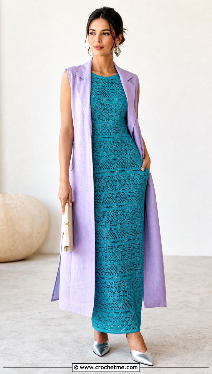 Crochet Column Dress With Longline Vest - 25 crochet easter dress outfit ideas
