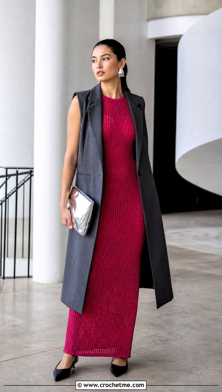 Crochet Column Dress With Longline Vest - 30 crochet for dresses outfit ideas