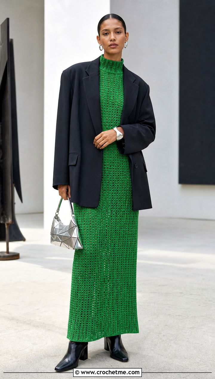 Crochet Column Dress With Oversized Blazer - 30 modest crochet dress outfit ideas
