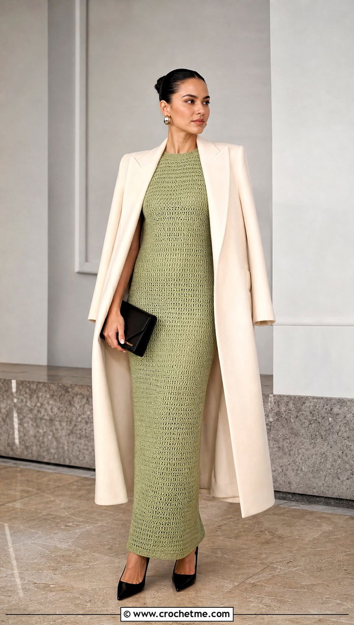 Crochet Column Dress With Tailored Coat And Pumps - 20 Beyonce Crochet Dress outfit ideas