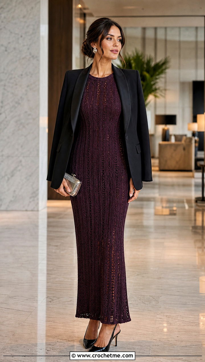 Crochet Column Dress With Tuxedo Blazer - 35 simple crochet dress outfit ideas