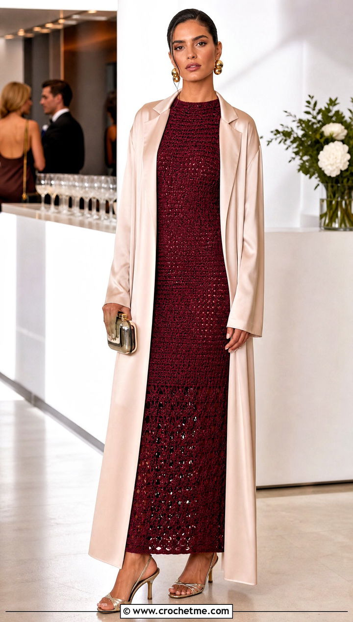 Crochet Column Maxi Dress With Satin Coat - 25 Cute Crochet Dress outfit ideas