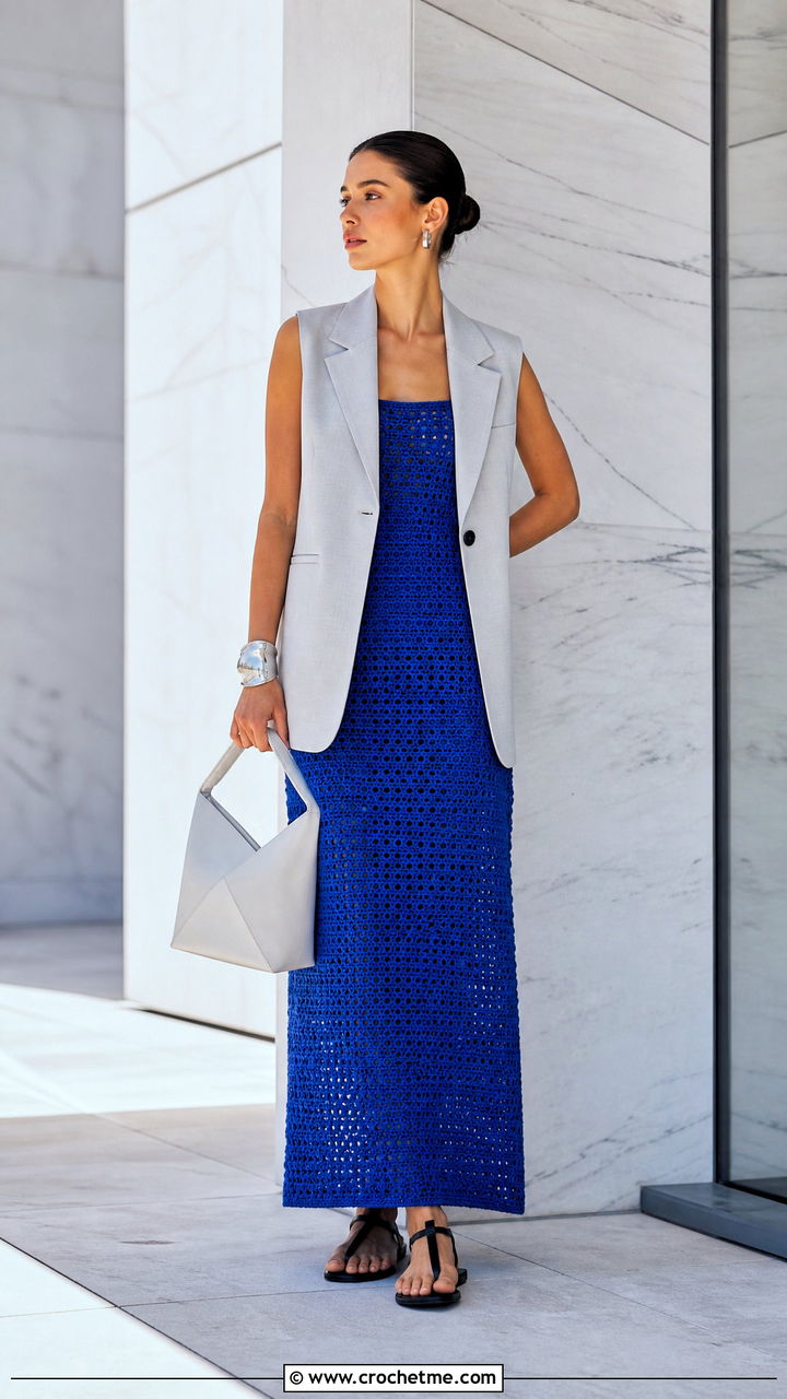 Crochet Column Maxi Dress With Tailored Vest And Sandals - 35 crochet dress outfits ideas