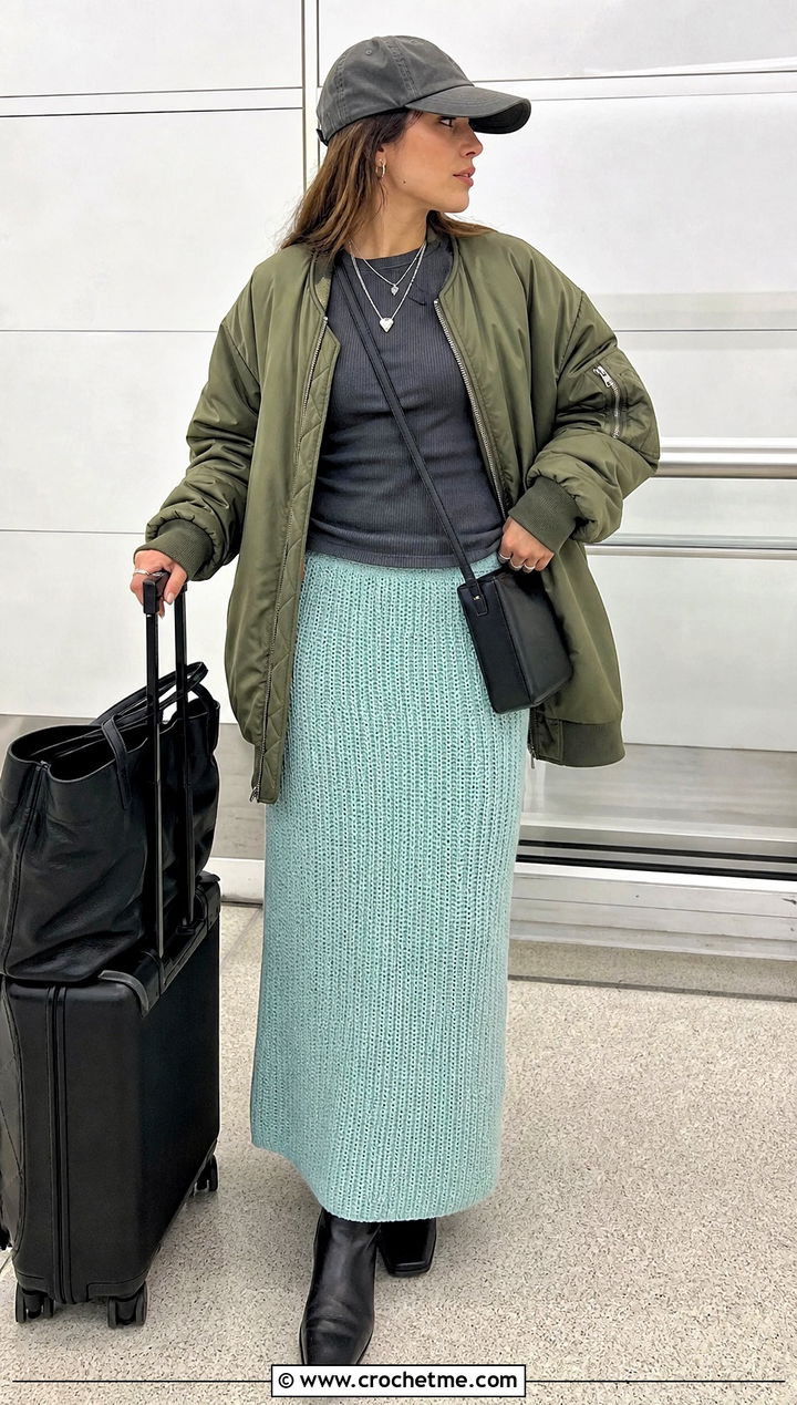 Crochet Column Maxi Skirt With Bomber Jacket - 35 crochet winter skirt outfit ideas