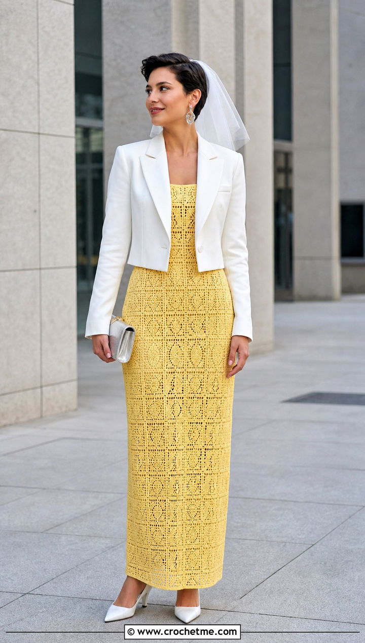 Crochet Column Wedding Gown With Tailored Blazer - 30 crochet wedding dress gowns outfit ideas