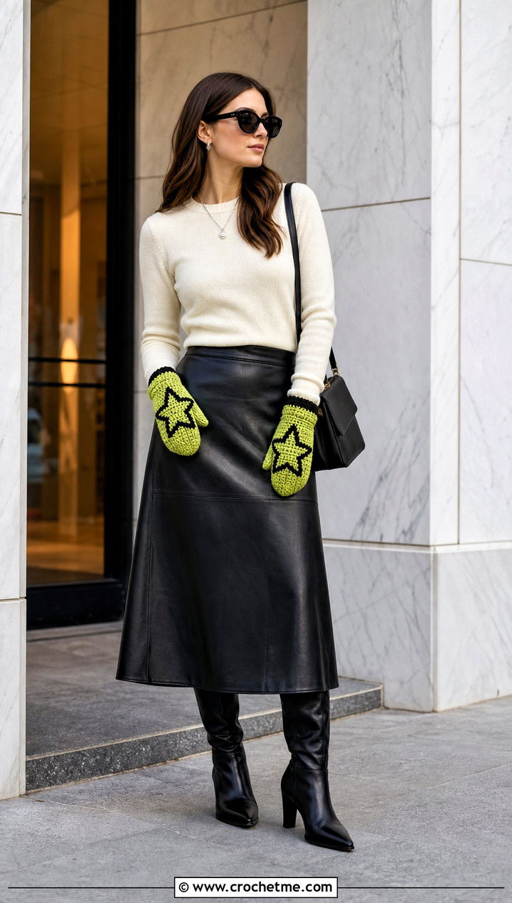Crochet Contrast Border Star Gloves With Leather Skirt - 35 crochet star gloves outfit ideas