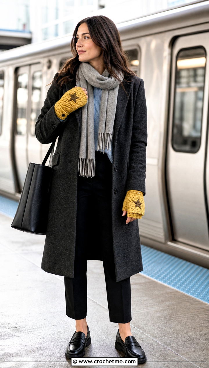 Crochet Convertible Star Mittens With Commuter Coat - 35 crochet star gloves outfit ideas