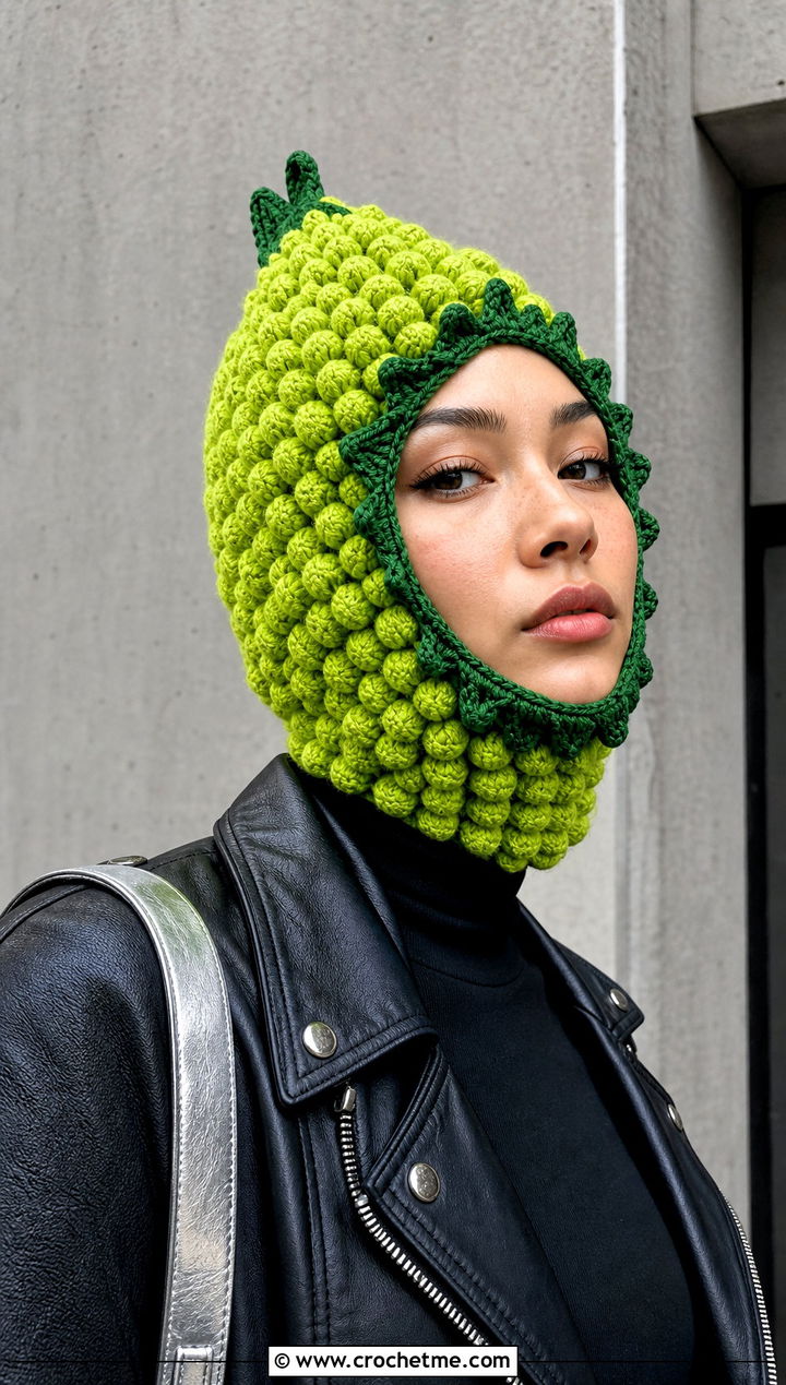 Crochet Corn Balaclava Hat With Leather Jacket - 15 Crochet Corn Hat outfit ideas