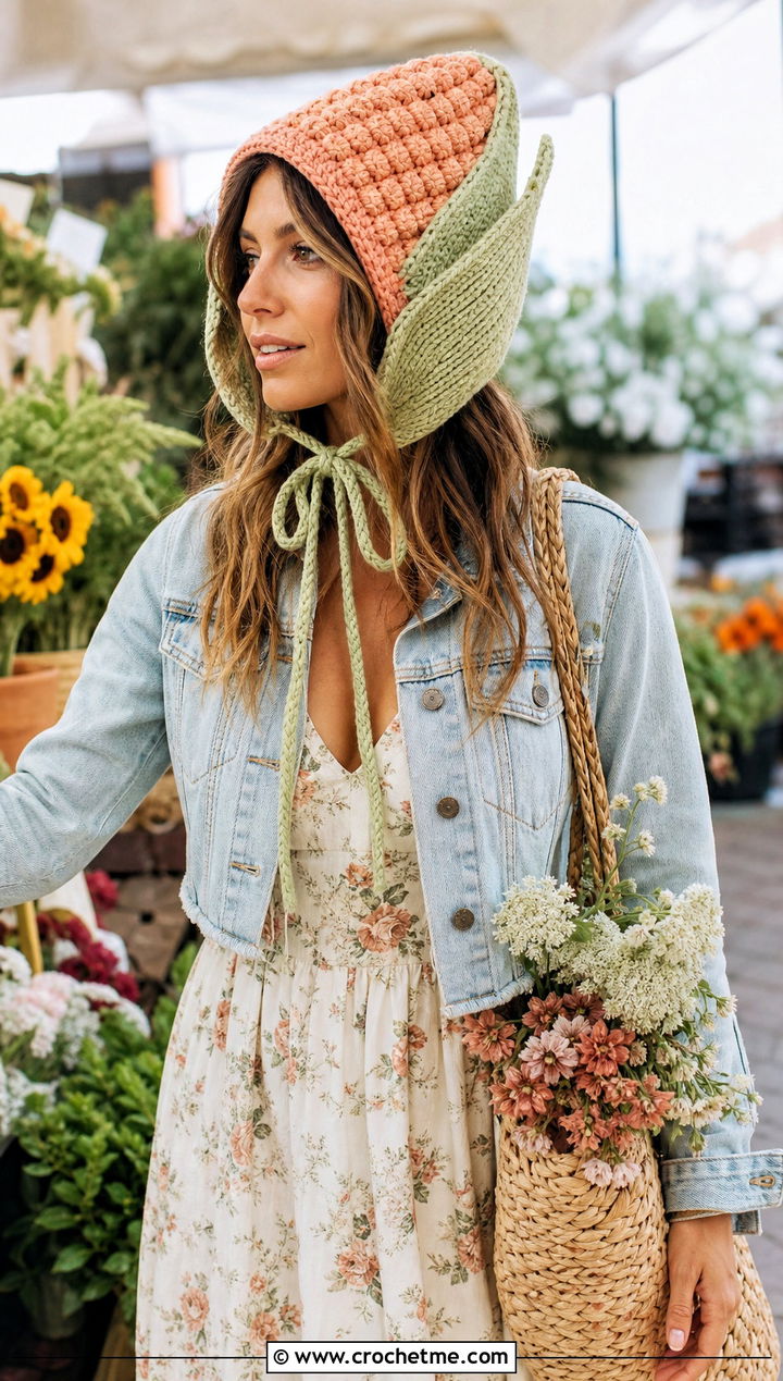 Crochet Corn Bonnet With Floral Maxi Dress - 15 Crochet Corn Hat outfit ideas