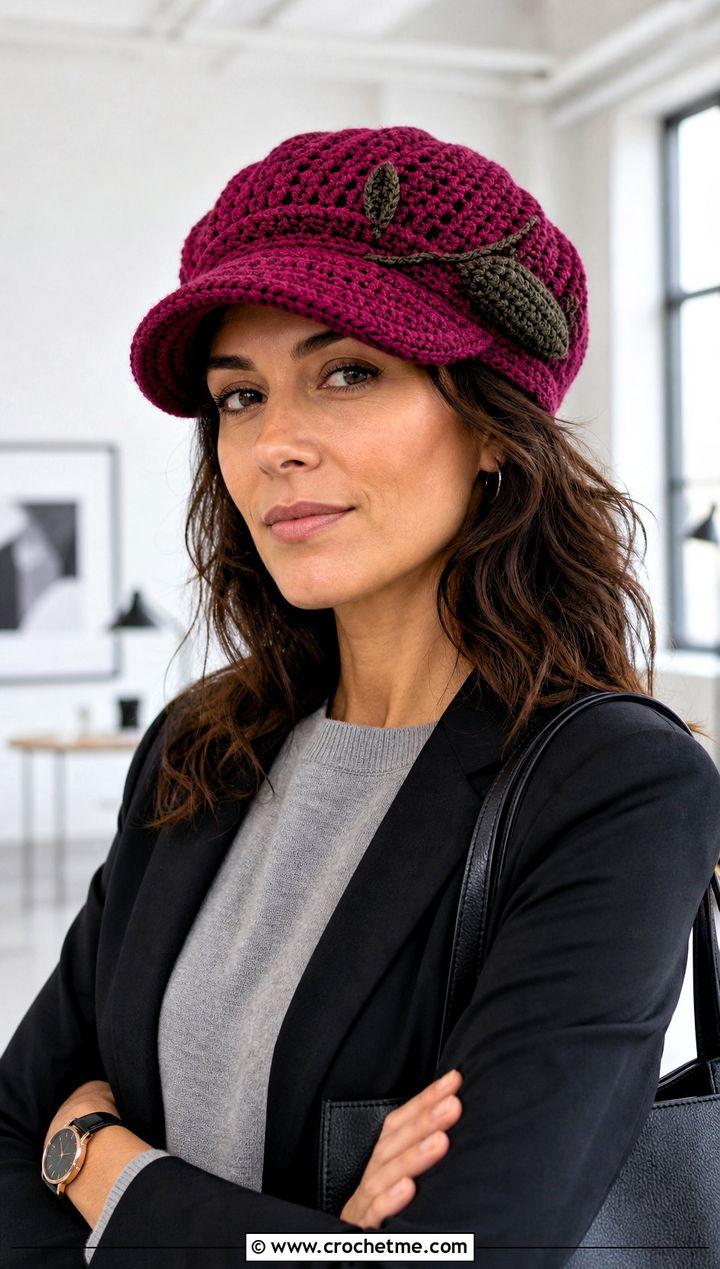 Crochet Corn Newsboy Cap With Office Trousers - 15 Crochet Corn Hat outfit ideas