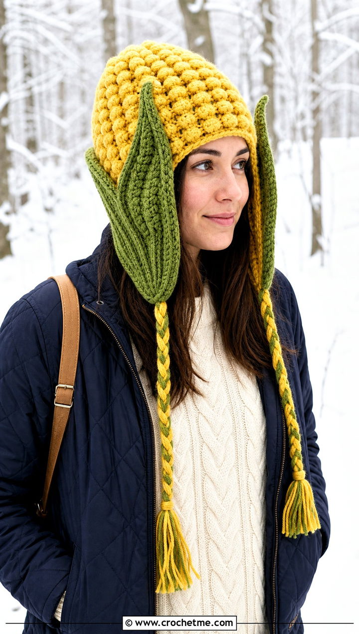 Crochet Corn Trapper Hat With Quilted Jacket - 15 Crochet Corn Hat outfit ideas