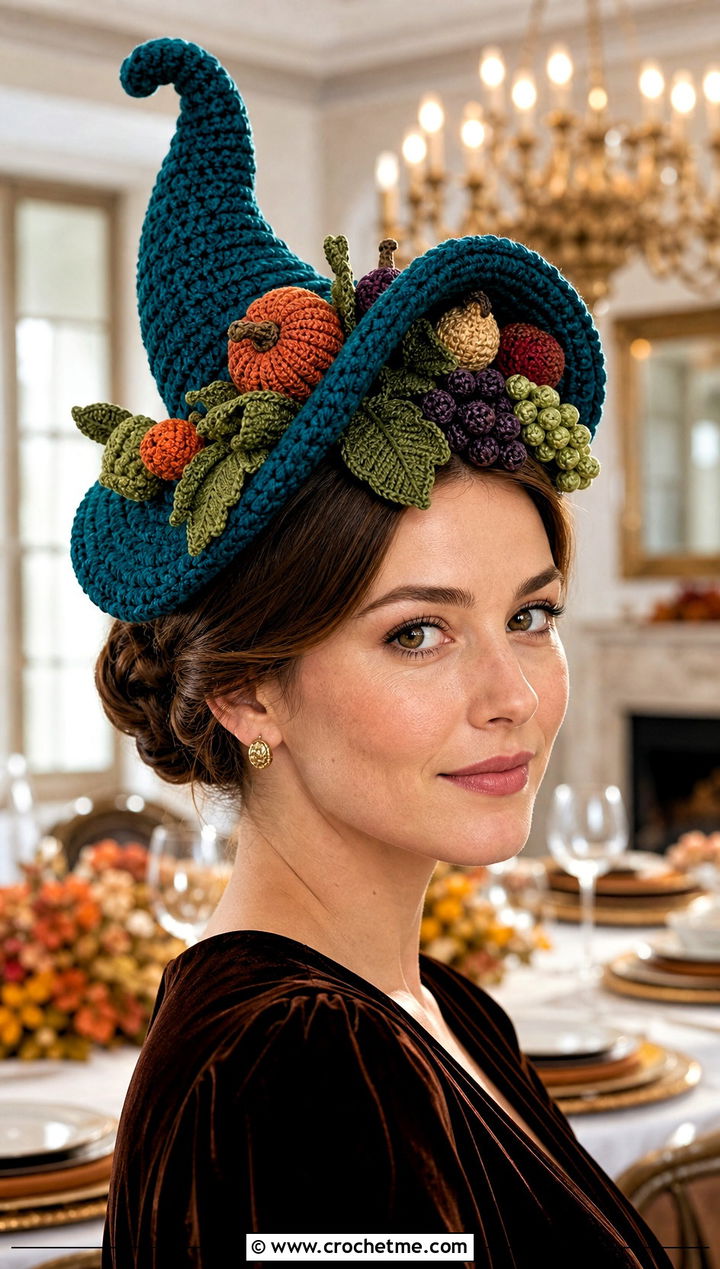 Crochet Cornucopia Fascinator Hat With Velvet Dress - 15 Crochet Thanksgiving Hat outfit ideas