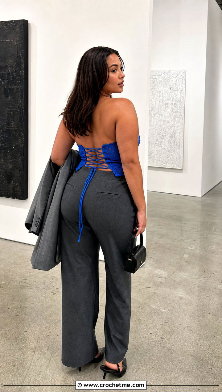 Crochet Corset Backless Top With Tailored Trousers - 30 Crochet Backless Top outfit ideas