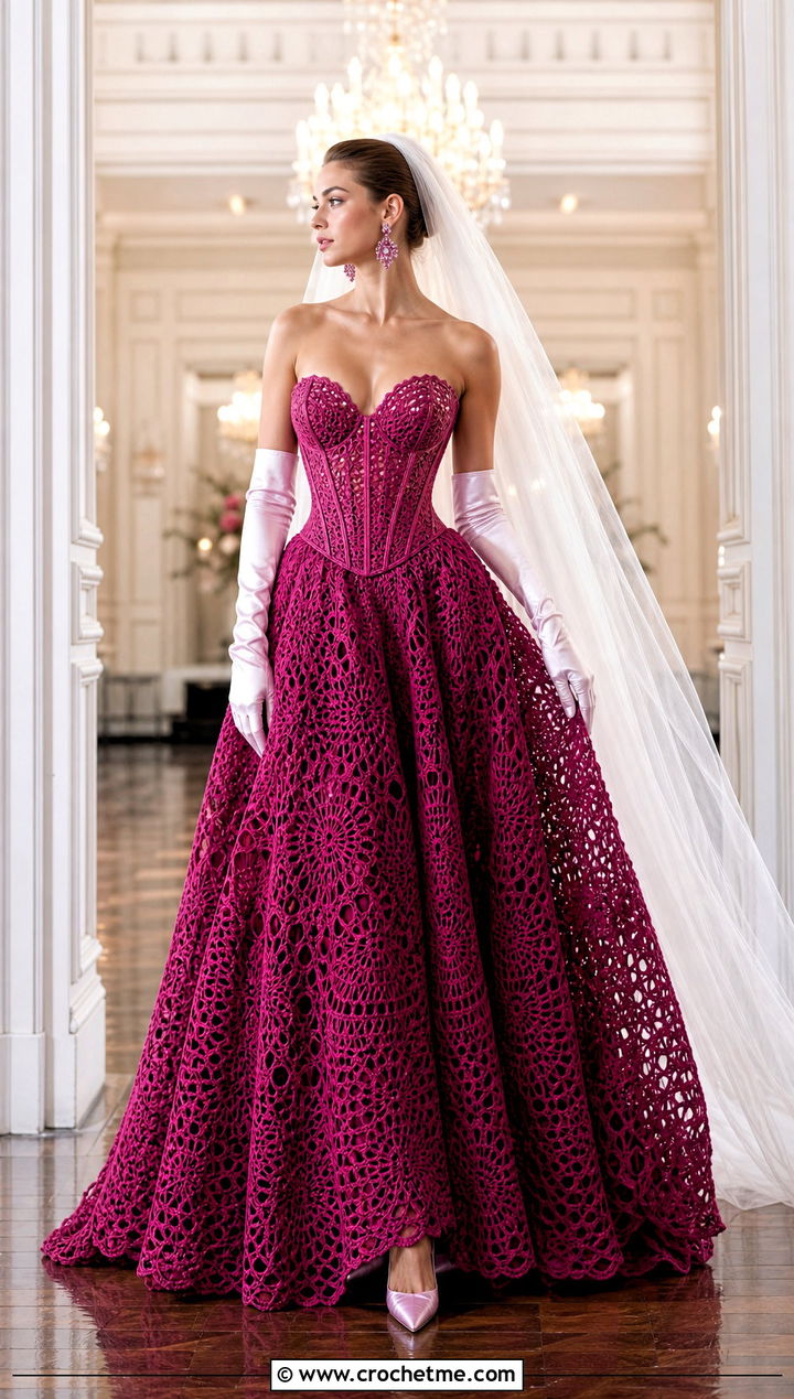 Crochet Corset Ball Gown With Satin Opera Gloves - 15 Handmade Crochet Bridal Gown outfit ideas