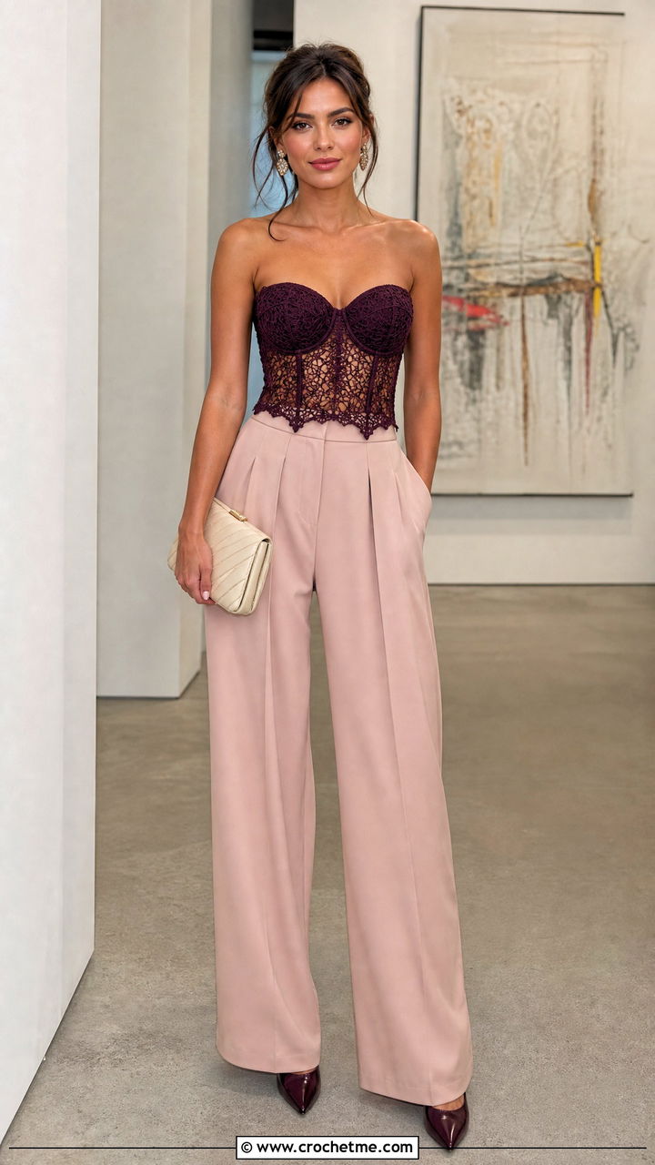 Crochet Corset Belly Top With Pleated Trousers - 35 Belly Crochet Top outfit ideas
