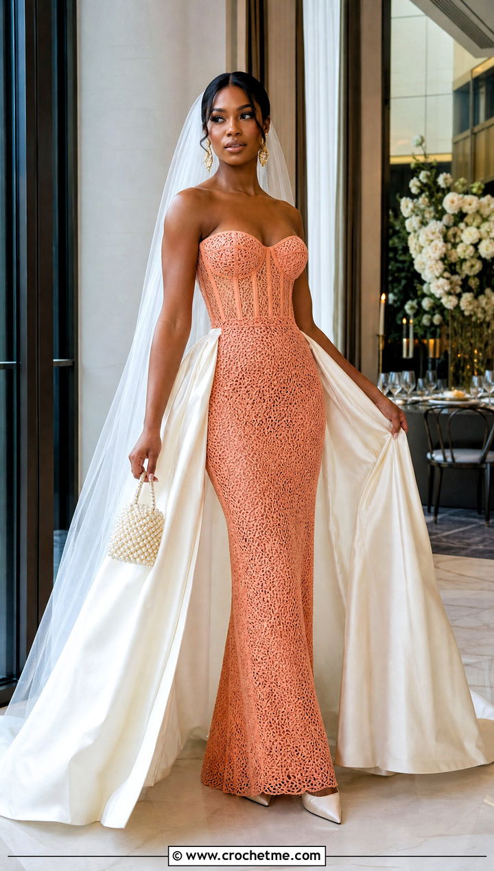Crochet Corset Bridal Gown With Detachable Overskirt - 30 crochet bridal dress outfit ideas