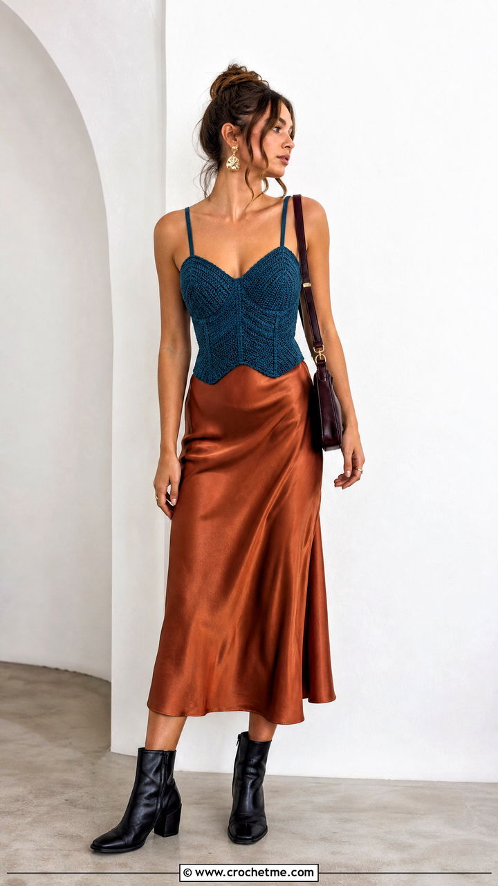 Crochet Corset Cami Top With Satin Midi Skirt - 35 crochet festival top outfit ideas