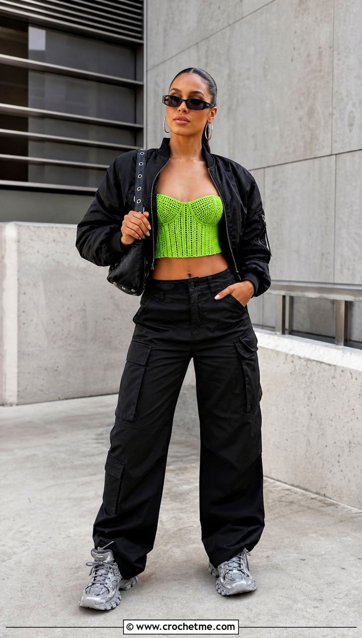 Crochet Corset Crop Top With Cargo Pants - 20 quick crochet crop top outfit ideas