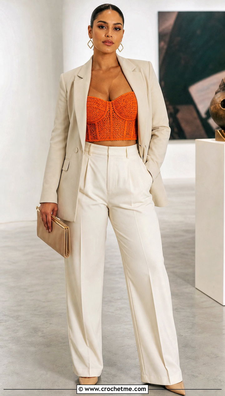 Crochet Corset Crop Top With Pleated Trousers - 35 crop crochet top outfit ideas