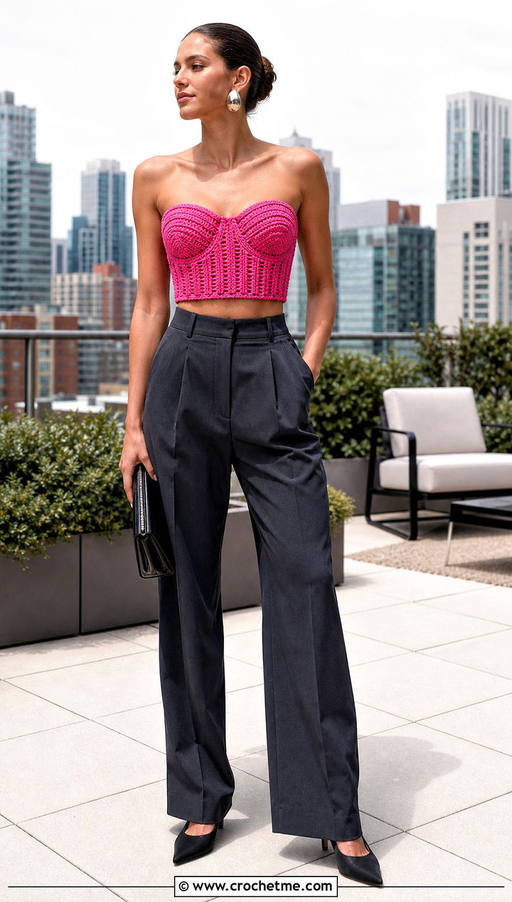Crochet Corset Crop Top With Tailored Trousers - 35 easy crochet summer crop tops outfit ideas