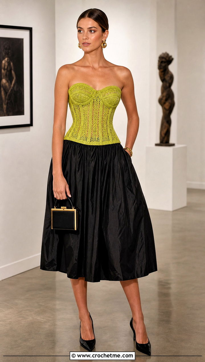 Crochet Corset Taffeta Midi Dress With Pumps - 25 crochet and fabric dress outfit ideas