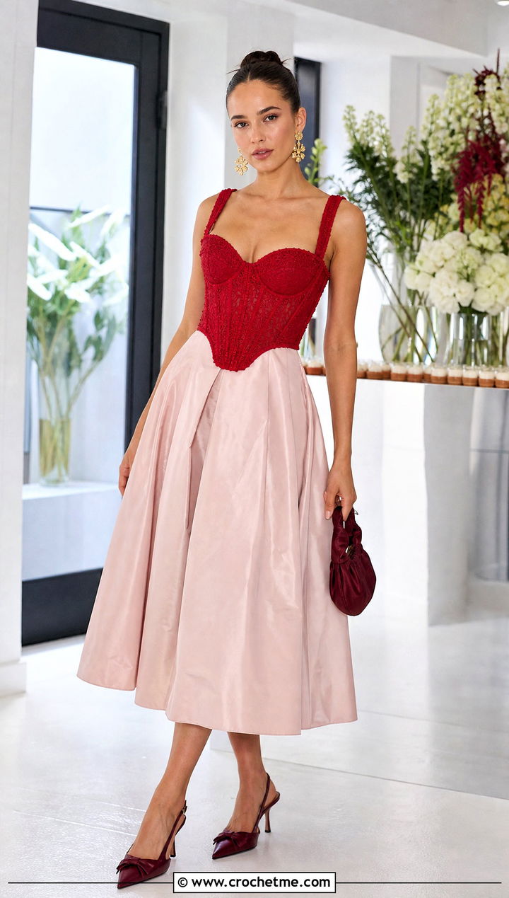 Crochet Corset Taffeta Midi Dress With Slingback Heels - 25 fabric and crochet dress outfit ideas