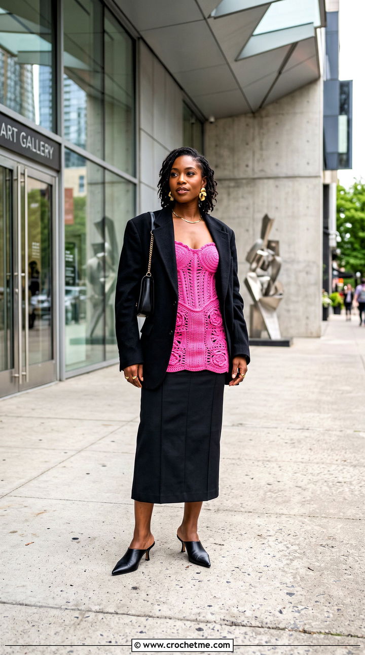 Crochet Corset Top Dress With Oversized Blazer - 25 Crochet Top Dress outfit ideas