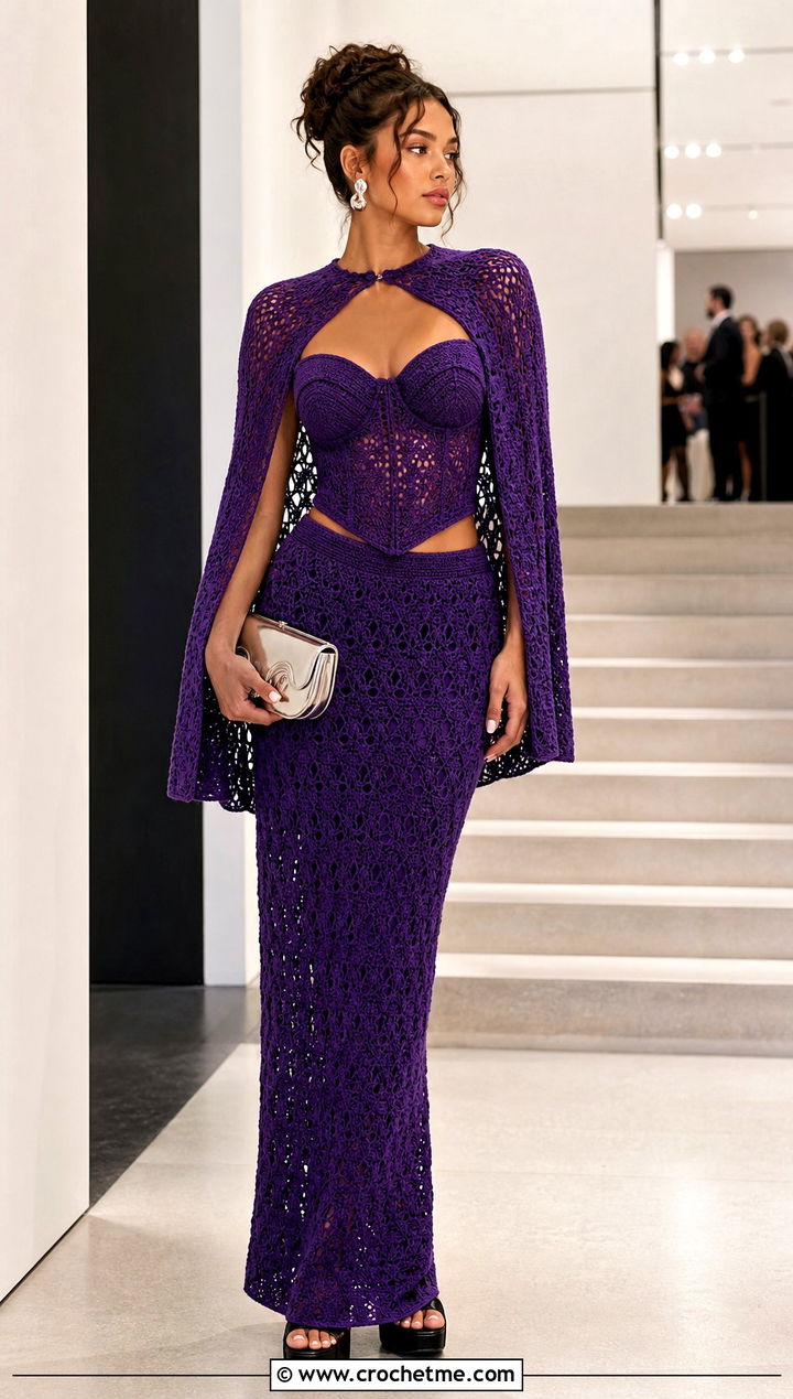 Crochet Corset Top Maxi Skirt And Cape Set With Platforms - 25 crochet three piece outfit ideas