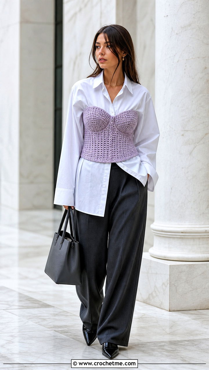 Crochet Corset Top Over White Shirt And Trousers - 25 Autumn Crochet Outfit ideas