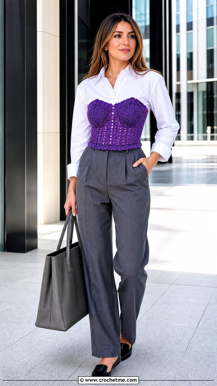 Crochet Corset Top Over a White Shirt - 35 fall crochet clothes and outfit ideas