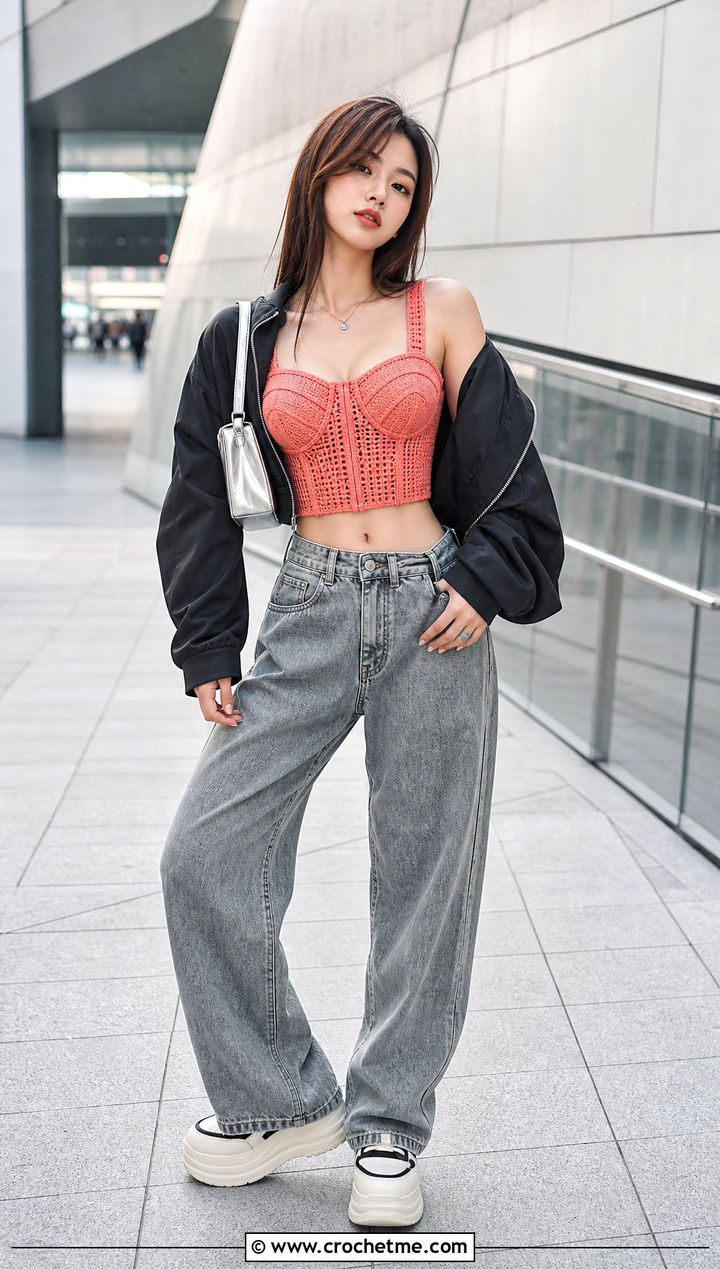 Crochet Corset Top With Baggy Jeans - 30 korean crochet outfits ideas