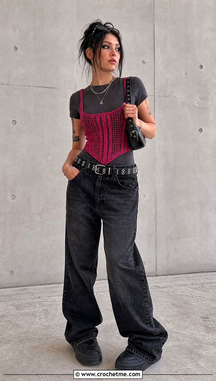 Crochet Corset Top With Baggy Jeans - 35 Crochet Grunge Clothes and outfit ideas
