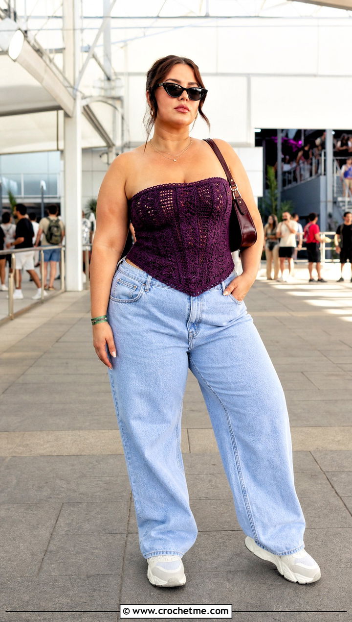 Crochet Corset Top With Baggy Jeans - 25 Crochet Festival Outfit ideas