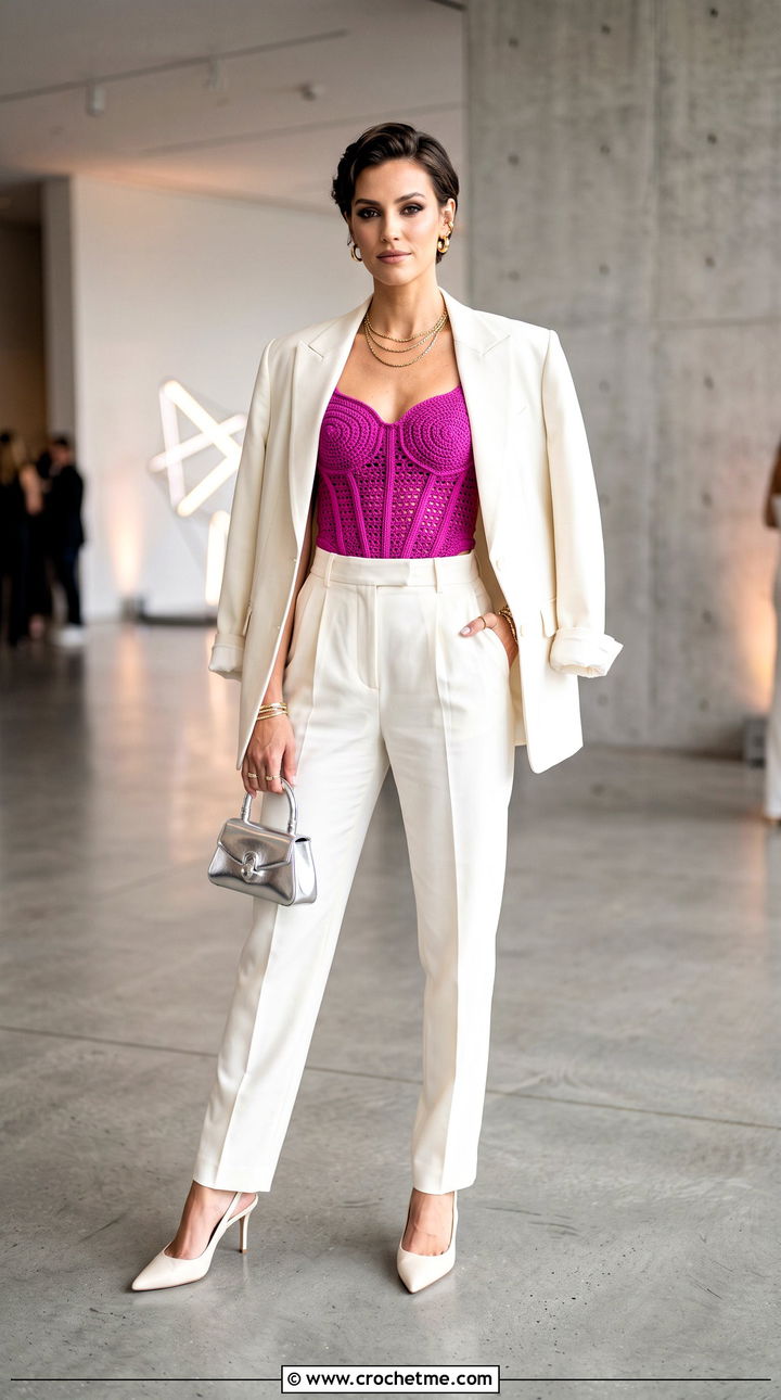 Crochet Corset Top With Blazer And Trousers - 25 Cute Things To Crochet Clothes and outfit ideas